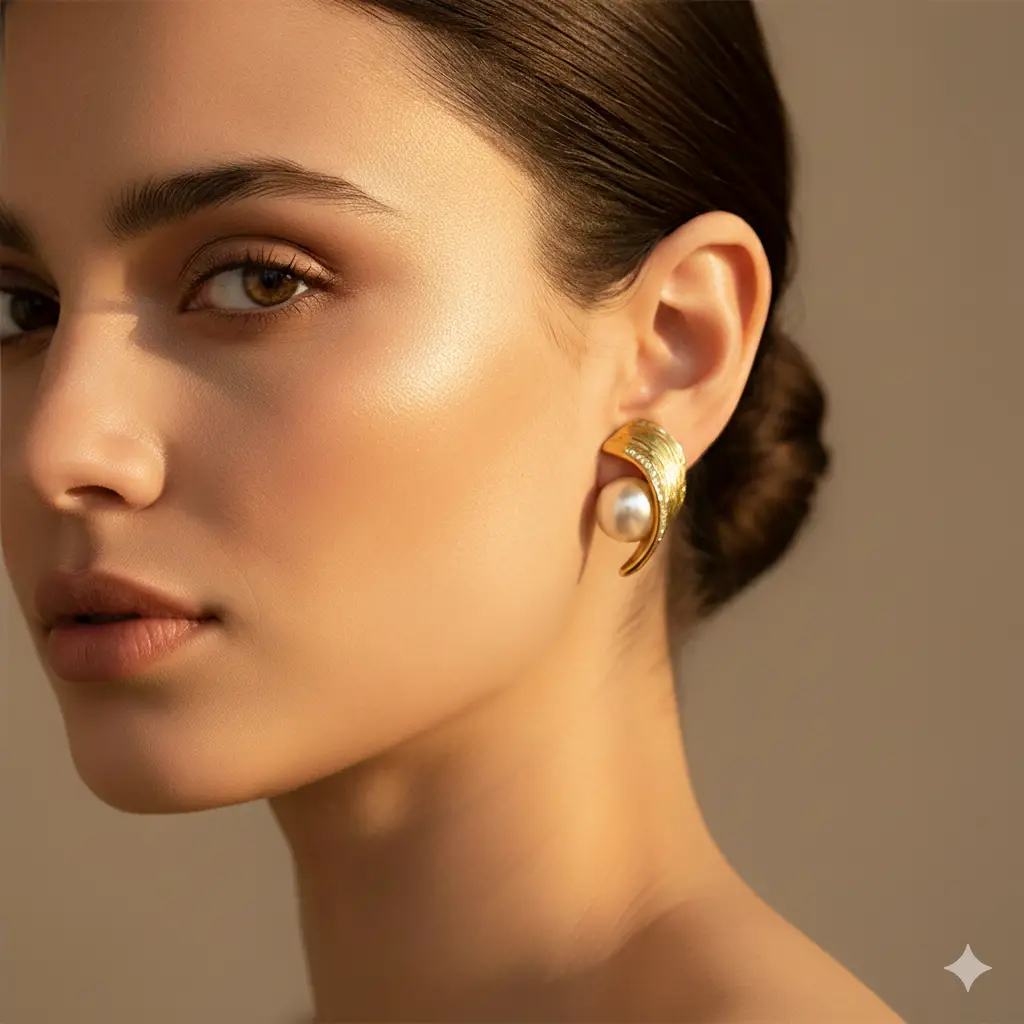 Gold Plated Pearl Earrings with Wave Design View 1 - Trendy Jewel