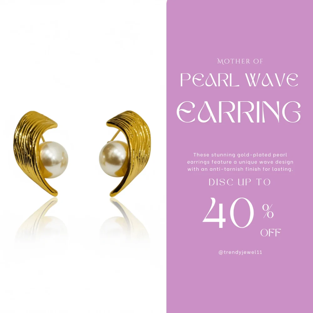 Gold Plated Pearl Earrings with Wave Design | Trendy Jewel | Anti-Tarnish Jewellery for Women