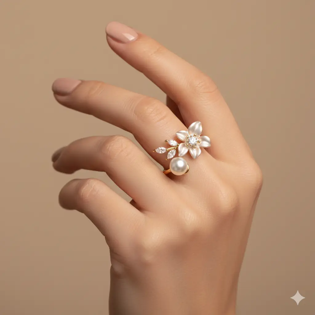Gold-Plated Pearl Flower Open Ring - Trendy Jewel