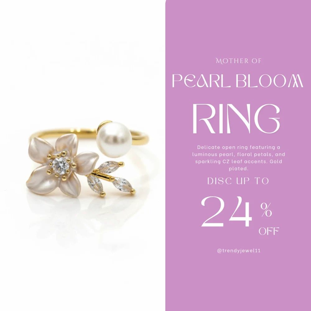 Gold Plated Pearl Flower Adjustable Ring | Trendy Jewel | Anti-Tarnish Jewellery for Women | CZ Leaf Design
