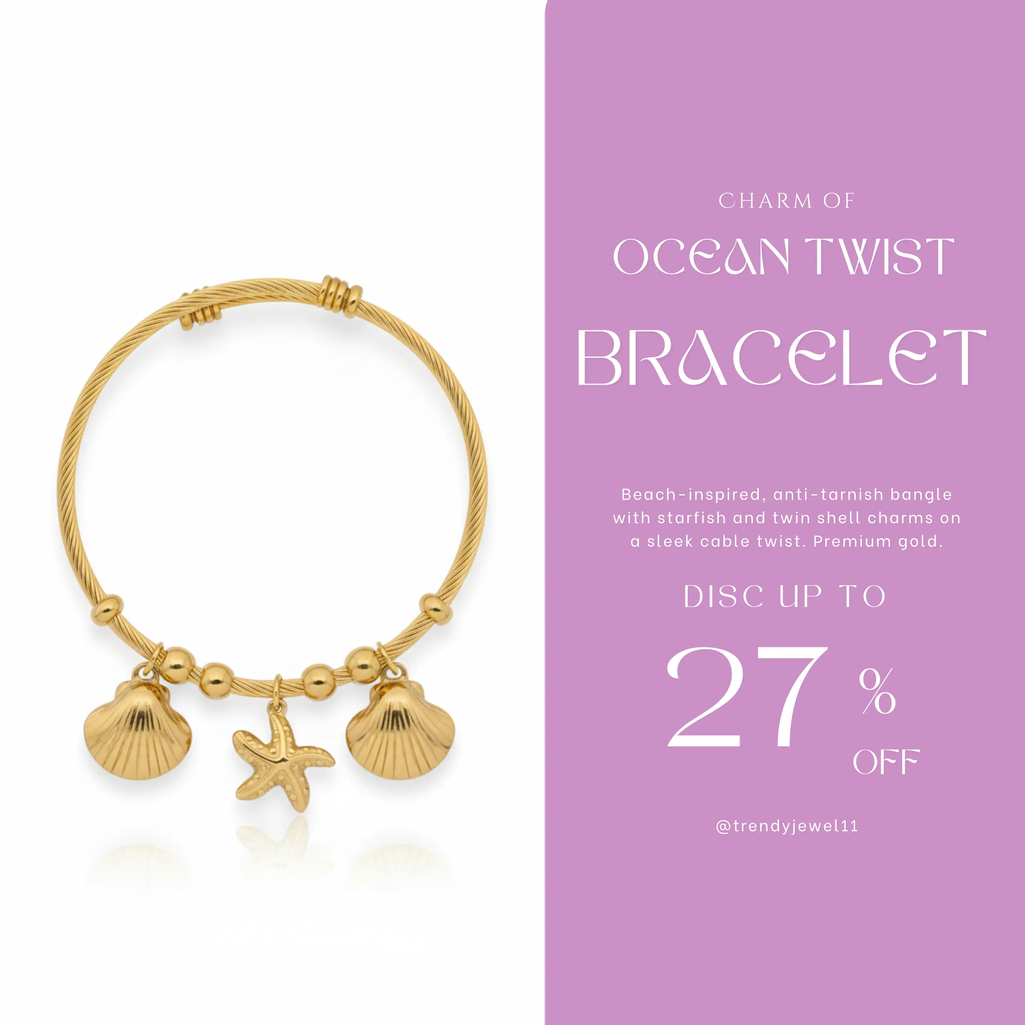 gold plated sea charm bangle bracelet anti tarnish