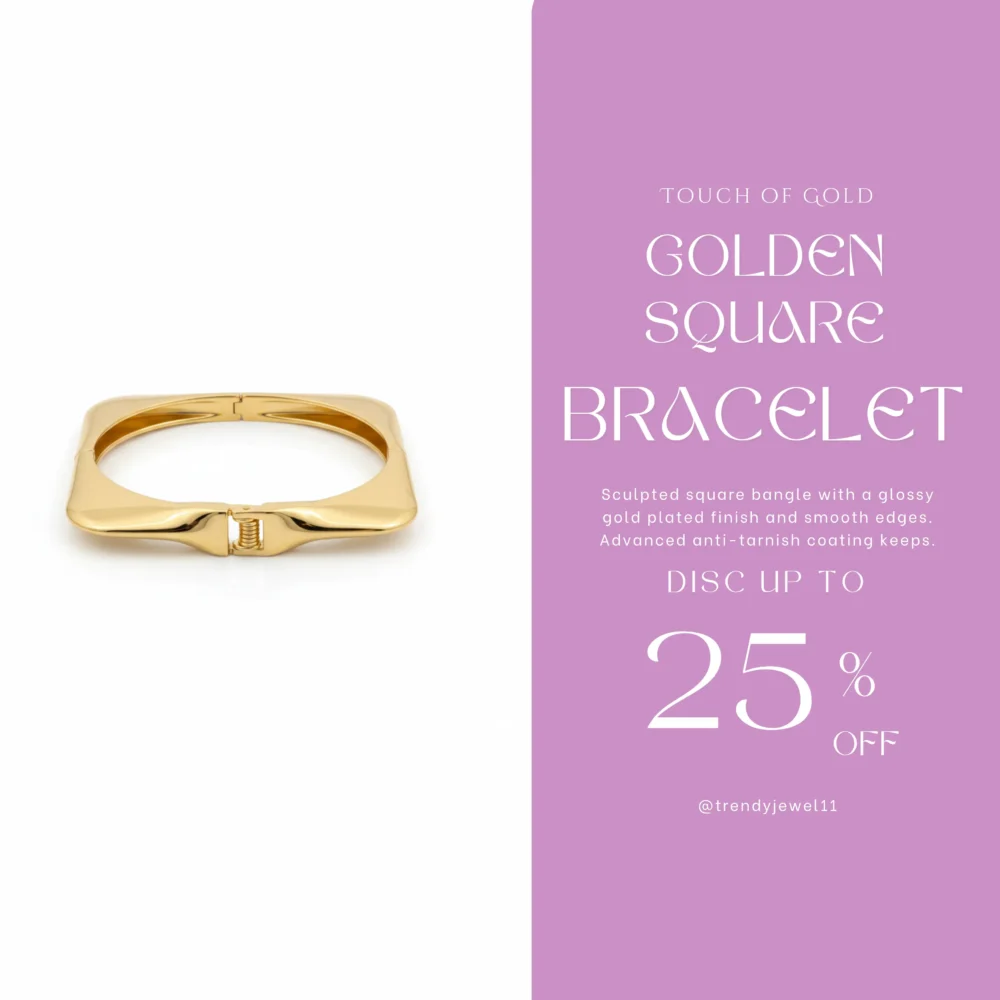 Gold Plated Square Bangle Bracelet | Trendy Jewel | Anti-Tarnish Jewellery for Women | High-Polish Minimal Design