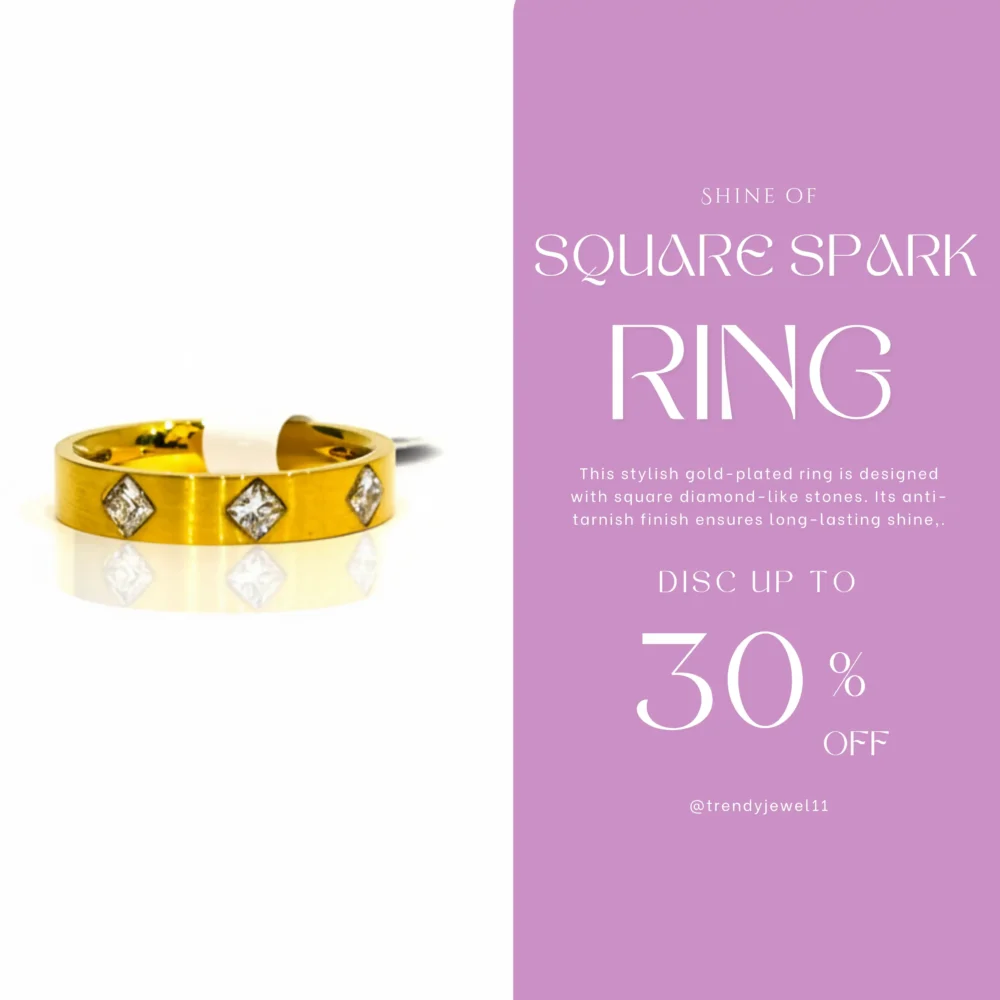 Gold Plated Ring with Square Diamonds | Trendy Jewel | Anti-Tarnish Jewellery for Women
