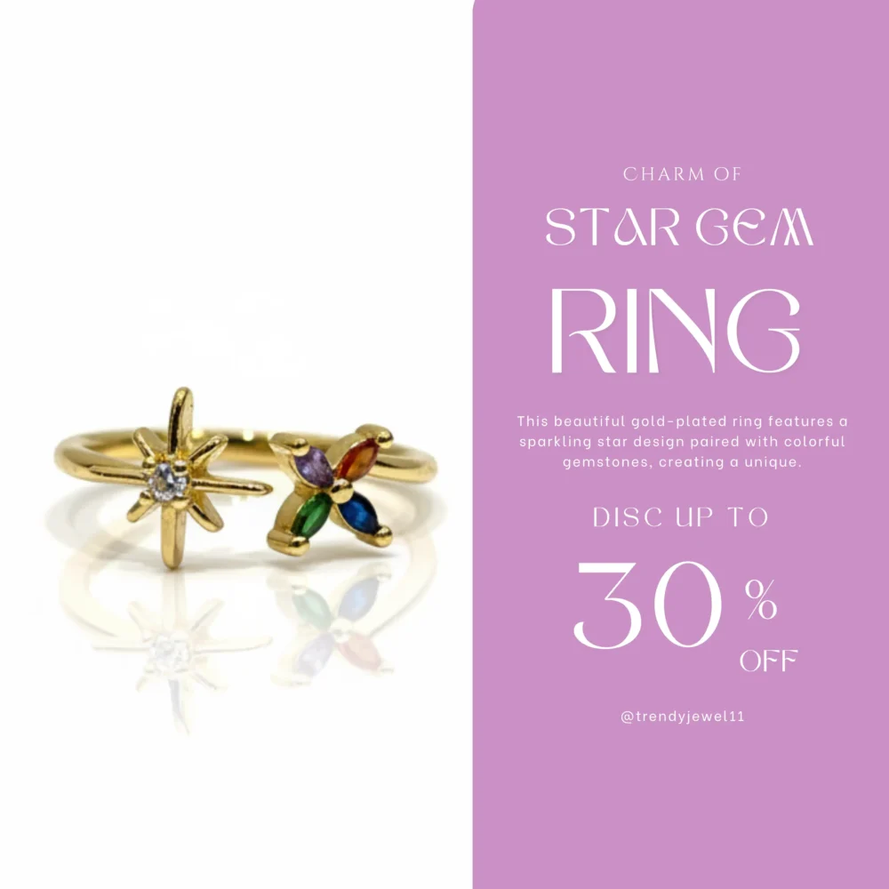 Gold Plated Star & Colorful Gemstone Ring | Trendy Jewel | Anti-Tarnish Jewellery for Women