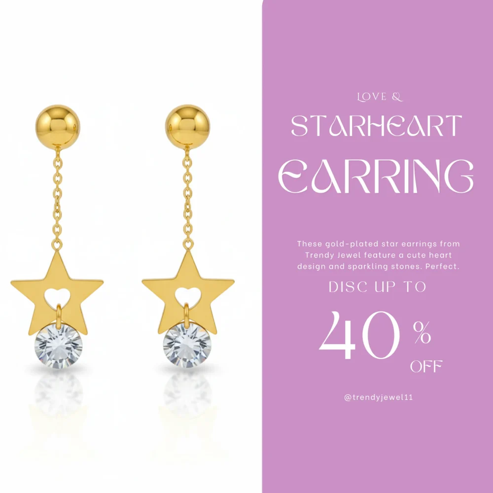 Gold Plated Star Earrings | Trendy Jewel | Heart Design with Sparkling Stones