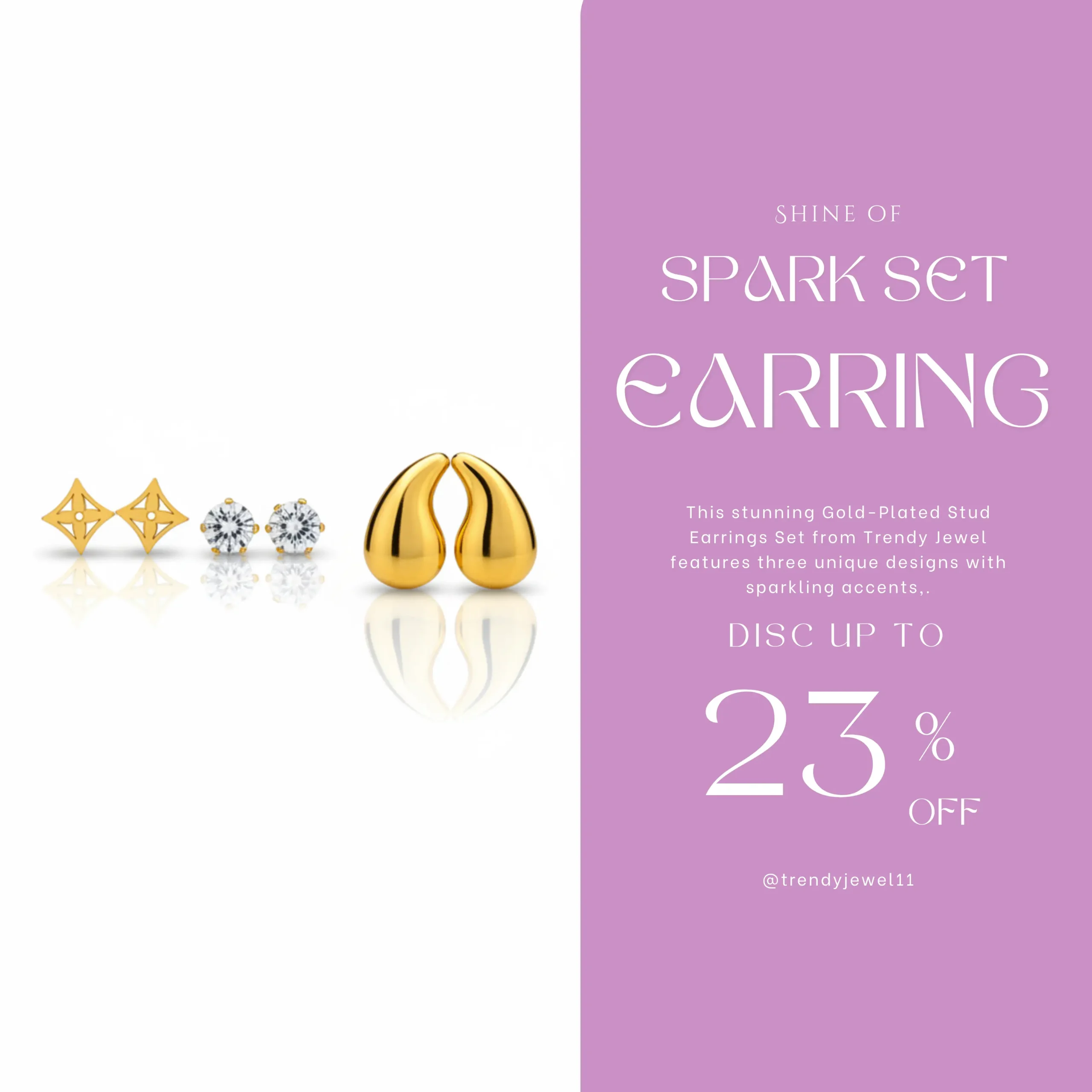 Gold-Plated Stud Earrings Set View 2 - Trendy Jewel