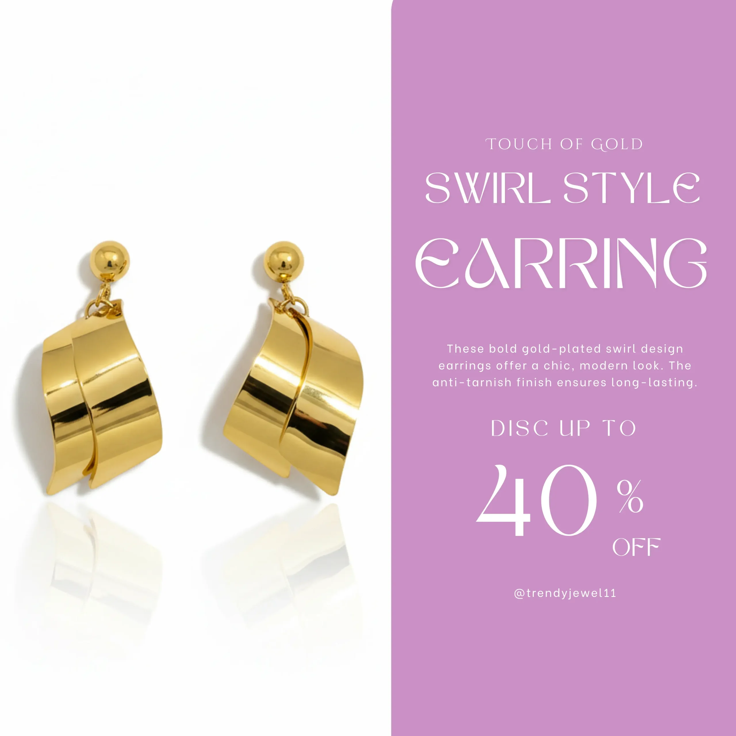 Gold Plated Swirl Design Earrings View 2 - Trendy Jewel
