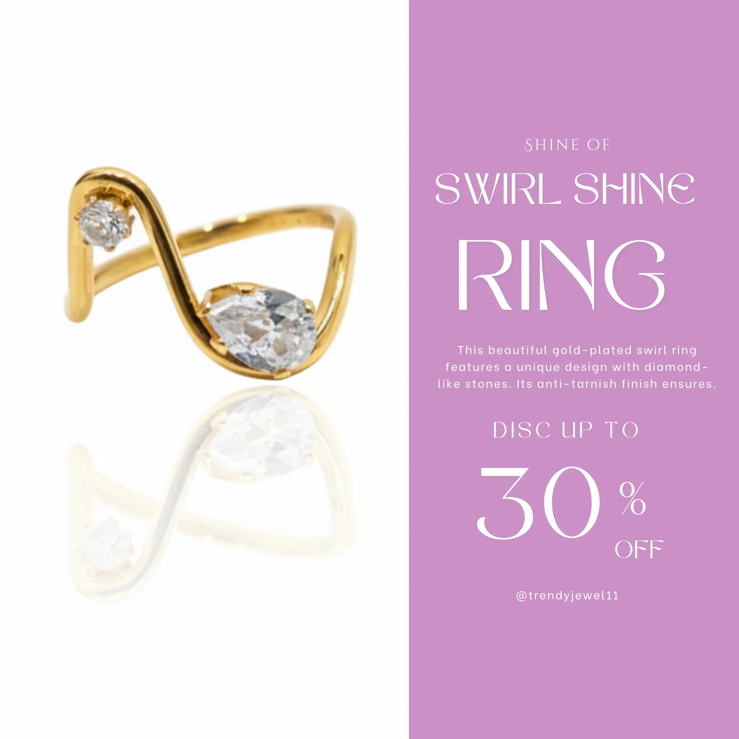 Gold Plated Swirl Ring with Diamond-Like Stones View 1 - Trendy Jewel