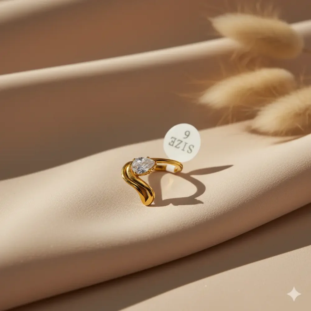 Gold-Plated Teardrop Ring with Crystal Accent | Trendy Jewel | Anti-Tarnish Jewellery for Women