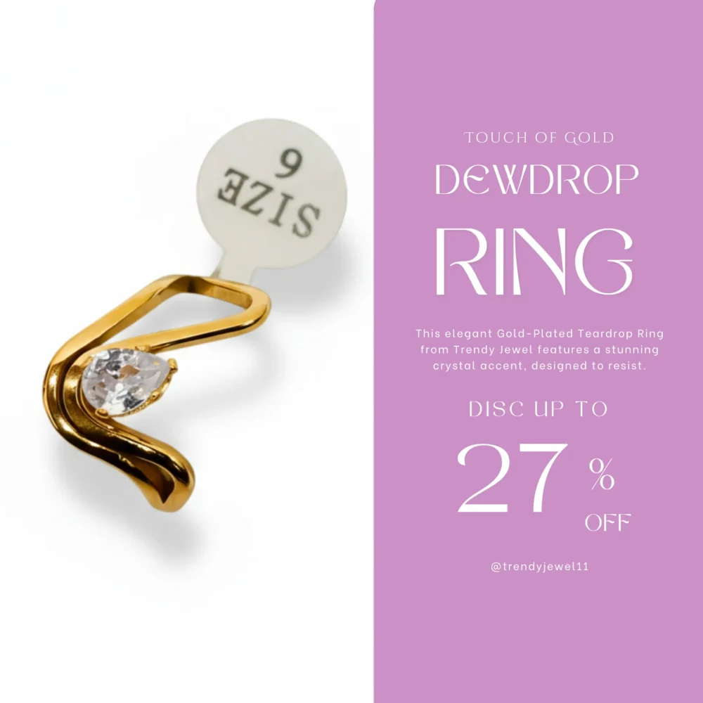 Gold-Plated Teardrop Ring with Crystal Accent | Trendy Jewel | Anti-Tarnish Jewellery for Women