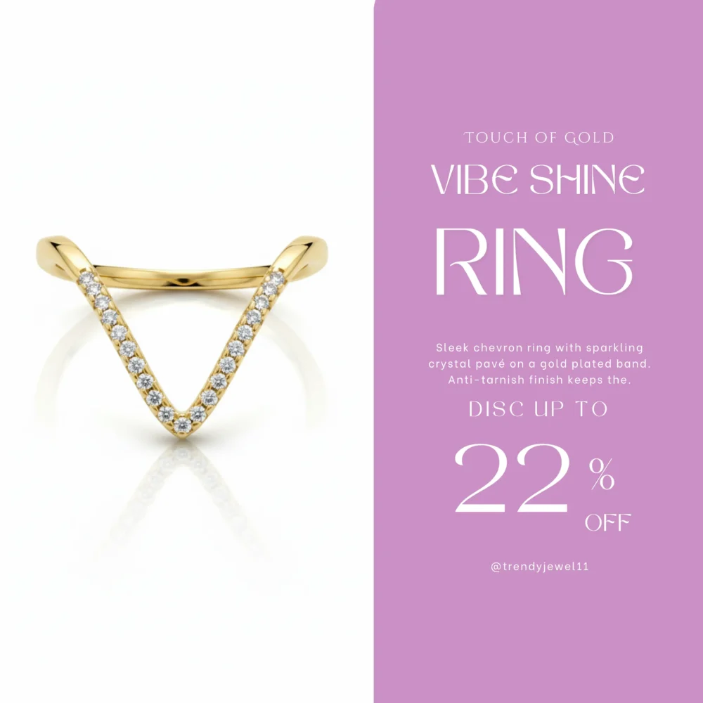 V-Shape Gold Plated Ring | Trendy Jewel | Anti-Tarnish Jewellery for Women | Crystal Pavé Chevron | Nickel-Free & Comfortable Fit