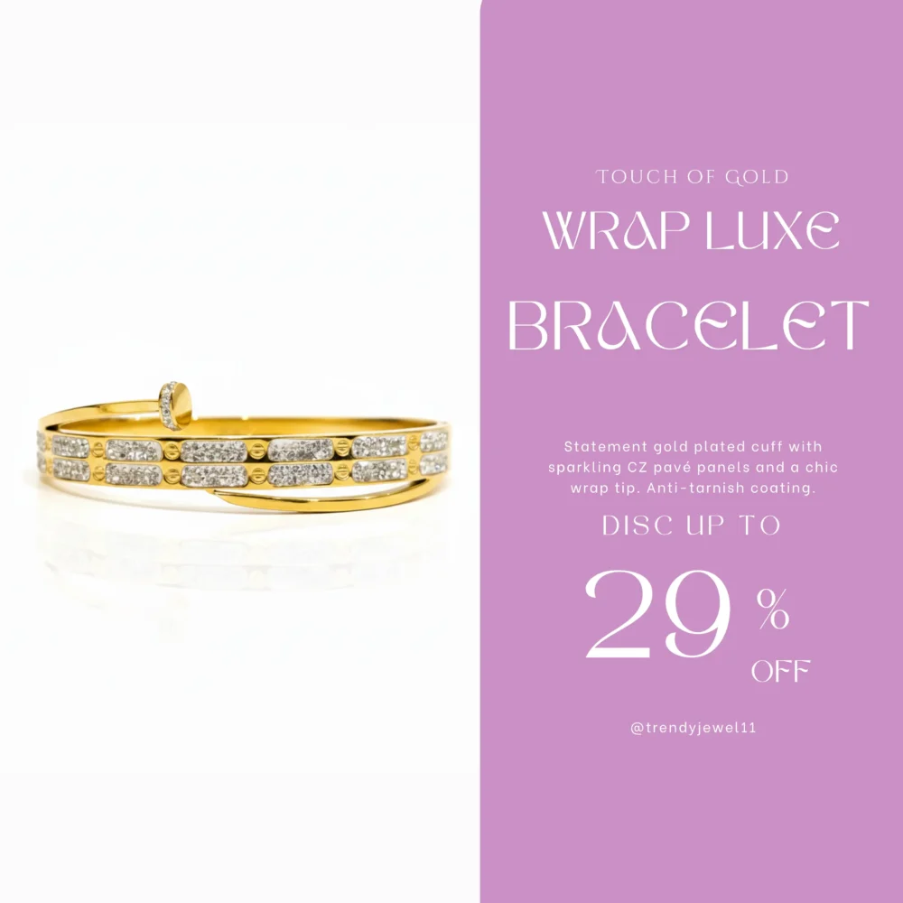 Gold Plated Wrap Cuff Bangle | Trendy Jewel | Anti-Tarnish Jewellery for Women | CZ Pavé Panel Design