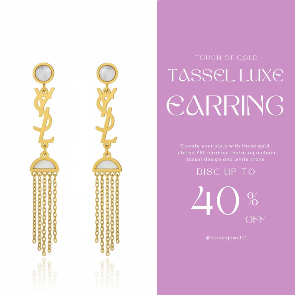 Gold Plated YSL Earrings | Trendy Jewel | Chain Tassel Design with White Stone